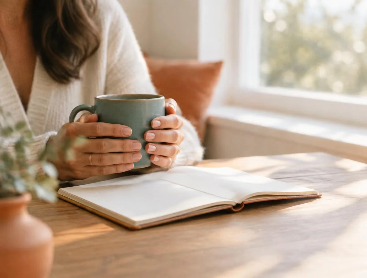 Hands holding a teal mug over an open journal